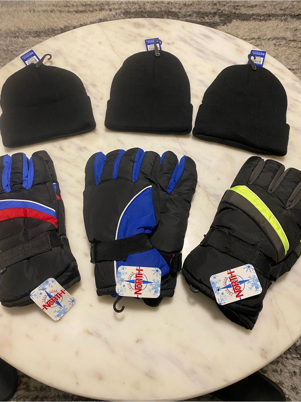 Winter Hat & Glove Bundle 3 Black Knit Beanies + 3 Pairs True North Gloves NWT